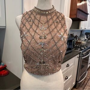 Say Yes To The Prom Sleeveless Beaded Mesh Crop Top 9 Champagne Festival Party